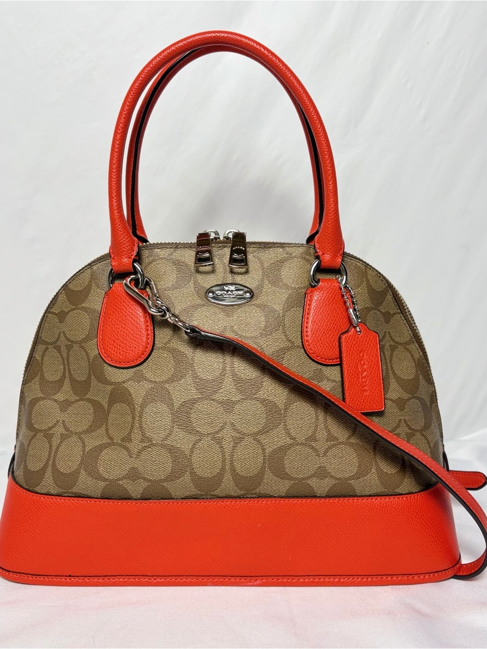 Coach F33904 Signature Cora Satchel / Dome Satchel – Coral Orange Trim